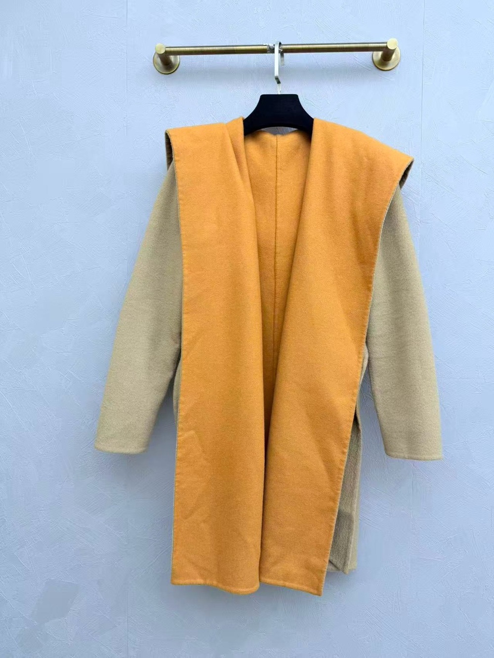 MaxMara Two-Tone Hooded Cape Coat in Mustard & Beige